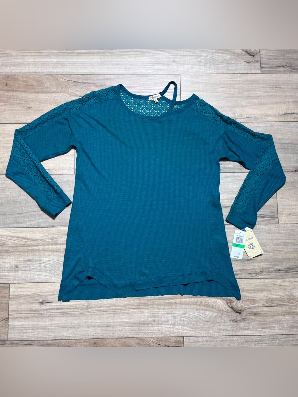 Democracy Womens Waffle Knit Lace Panel Cold Shoulder Long Sleeve Top L Green
